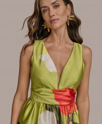 【Donna Karan New York】Printed V-Neck Gown Donna Karan New York Women's Printed V-neck Floral Mikado