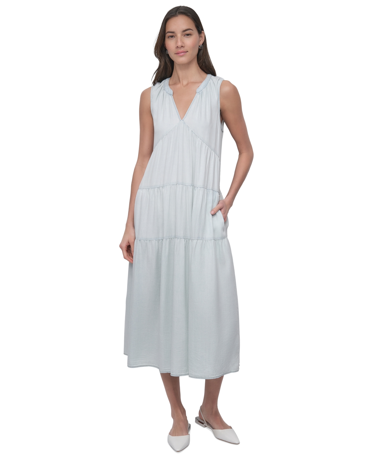 DKNY JEANS WOMEN'S SLEEVELESS TIERED MIDI DRESS 