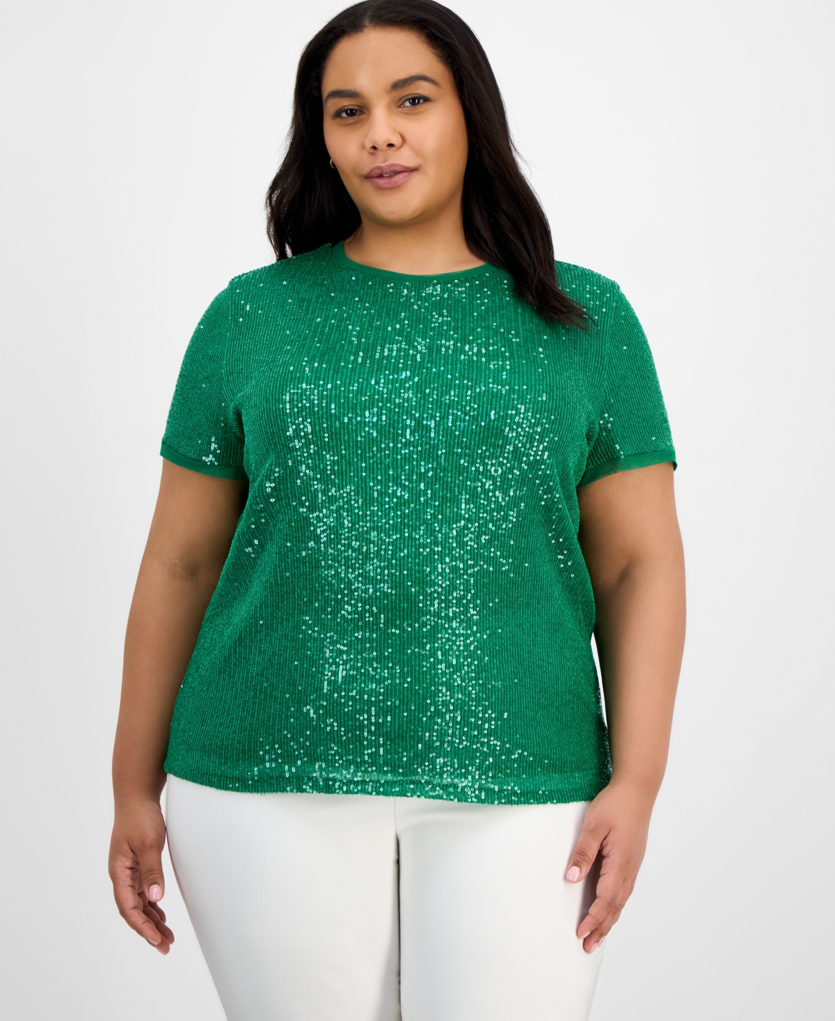 ANNE KLEIN PLUS SIZE SEQUIN MESH BANDED BLOUSE 