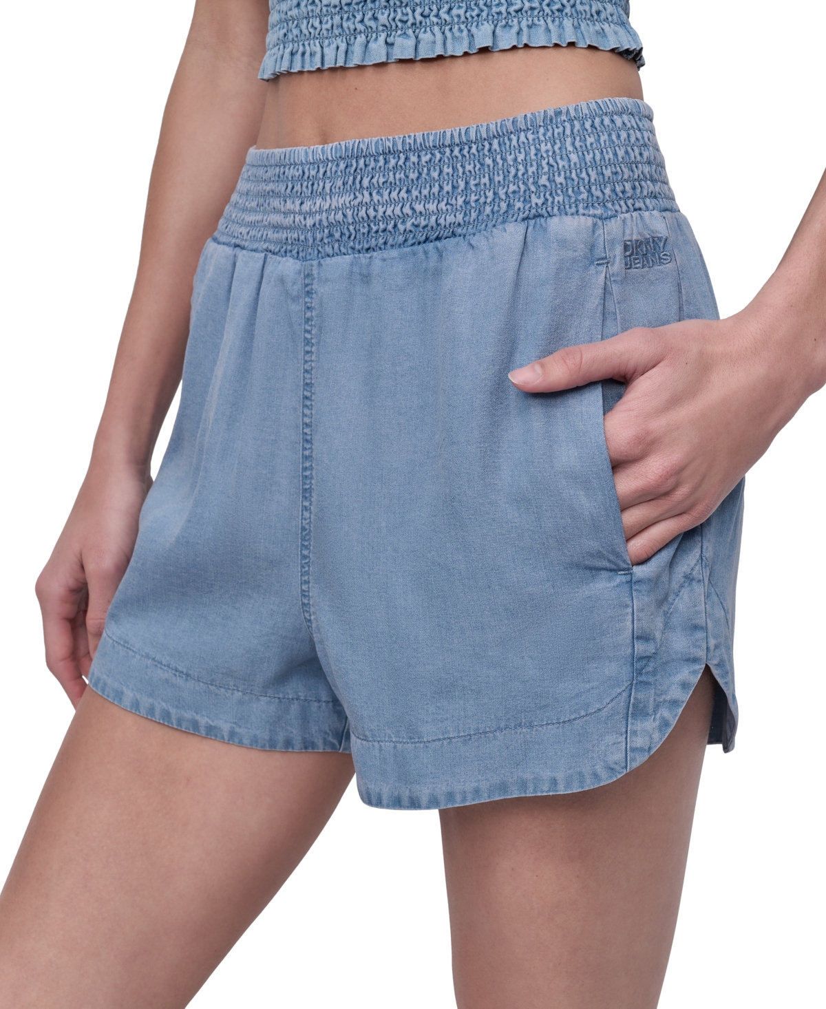 DKNY JEANS WOMEN'S CHAMBRAY HIGH RISE DOLPHIN-HEM SHORTS 