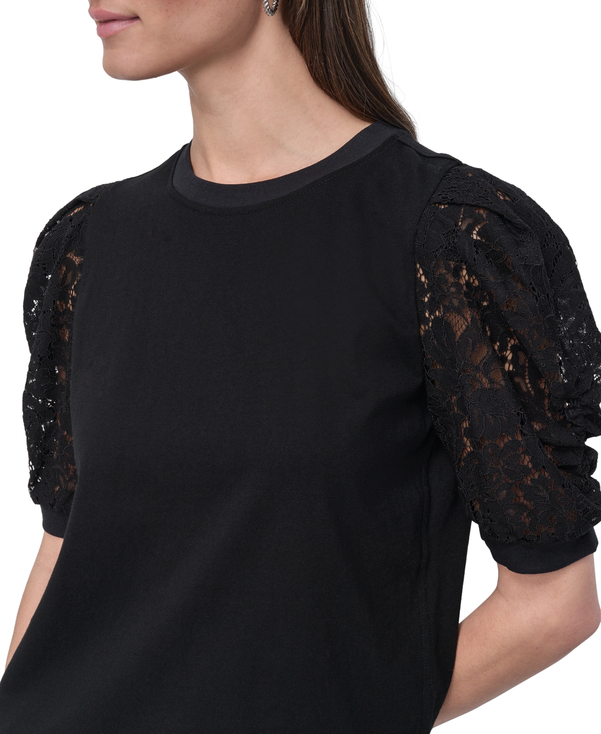 DKNY JEANS WOMEN'S MIXED MEDIA LACE-SLEEVE TOP 