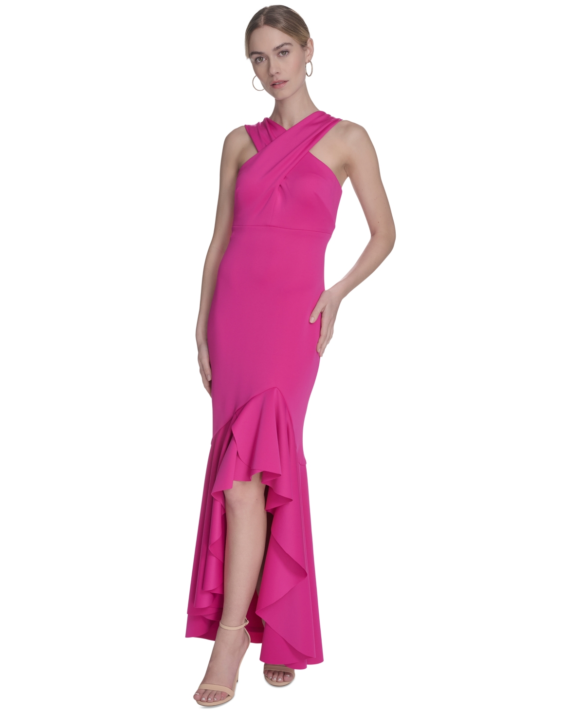 Women's Crossover-Neck Sleeveless Ruffle-Trim Gown - Hot Pink