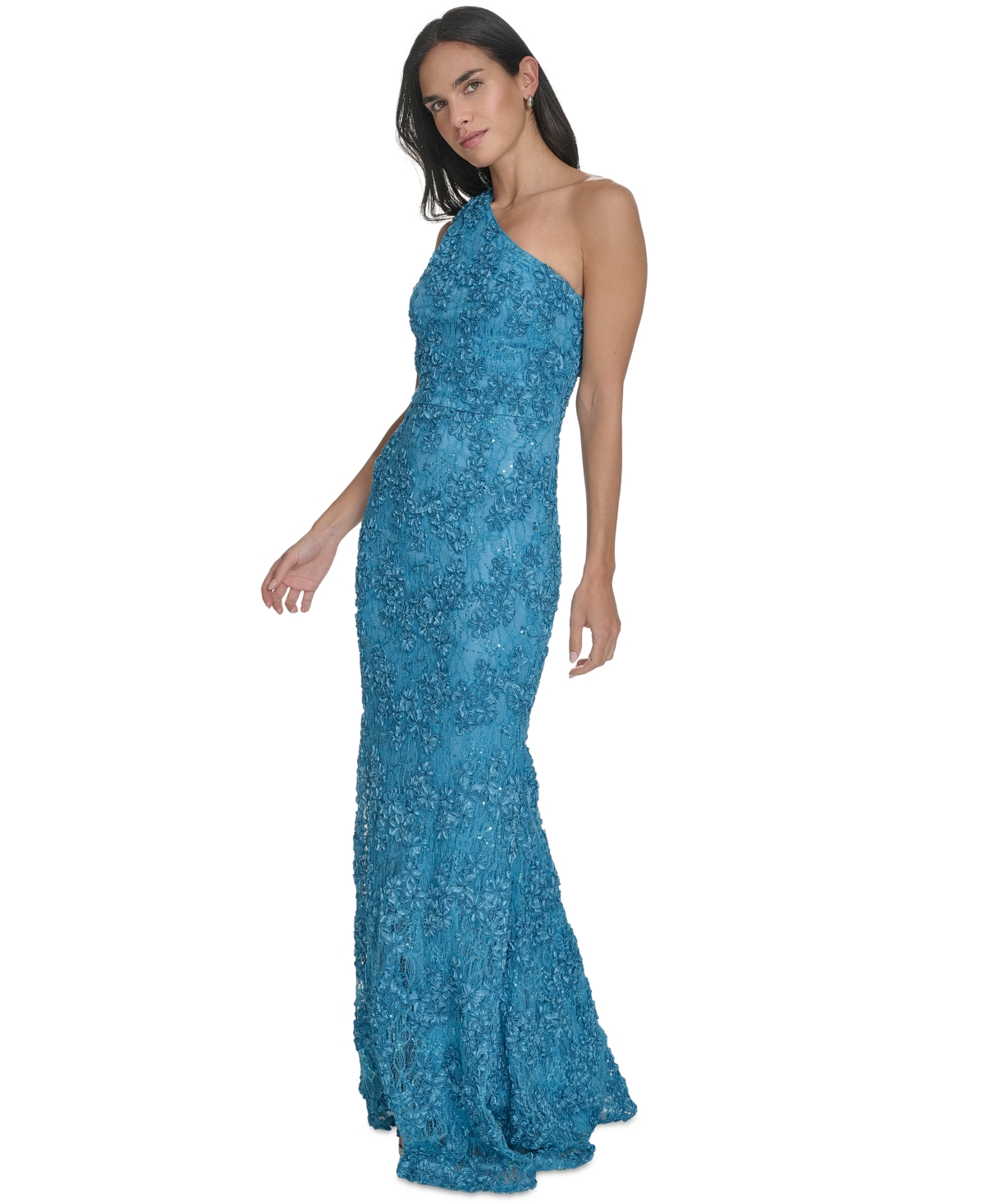 JESSICA HOWARD PETITE ONE-SHOULDER SEQUIN LACE GOWN 