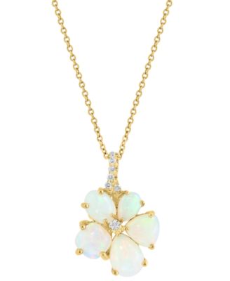 EFFY&reg; Ethiopian Opal & Diamond (1/10 ct. t.w.) Flower Pendant Necklace in 14k Yellow Gold, 17" + 1" extender