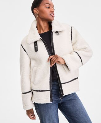 Steve Madden - Juniors' Faux-Sherpa Faux-Leather-Trim Coat