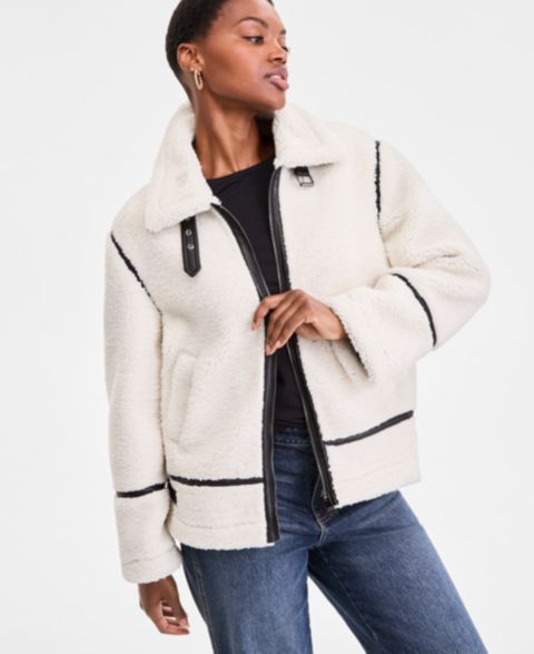 Женские куртки Steve Madden Faux-Sherpa Faux-Leather-Trim Coat
