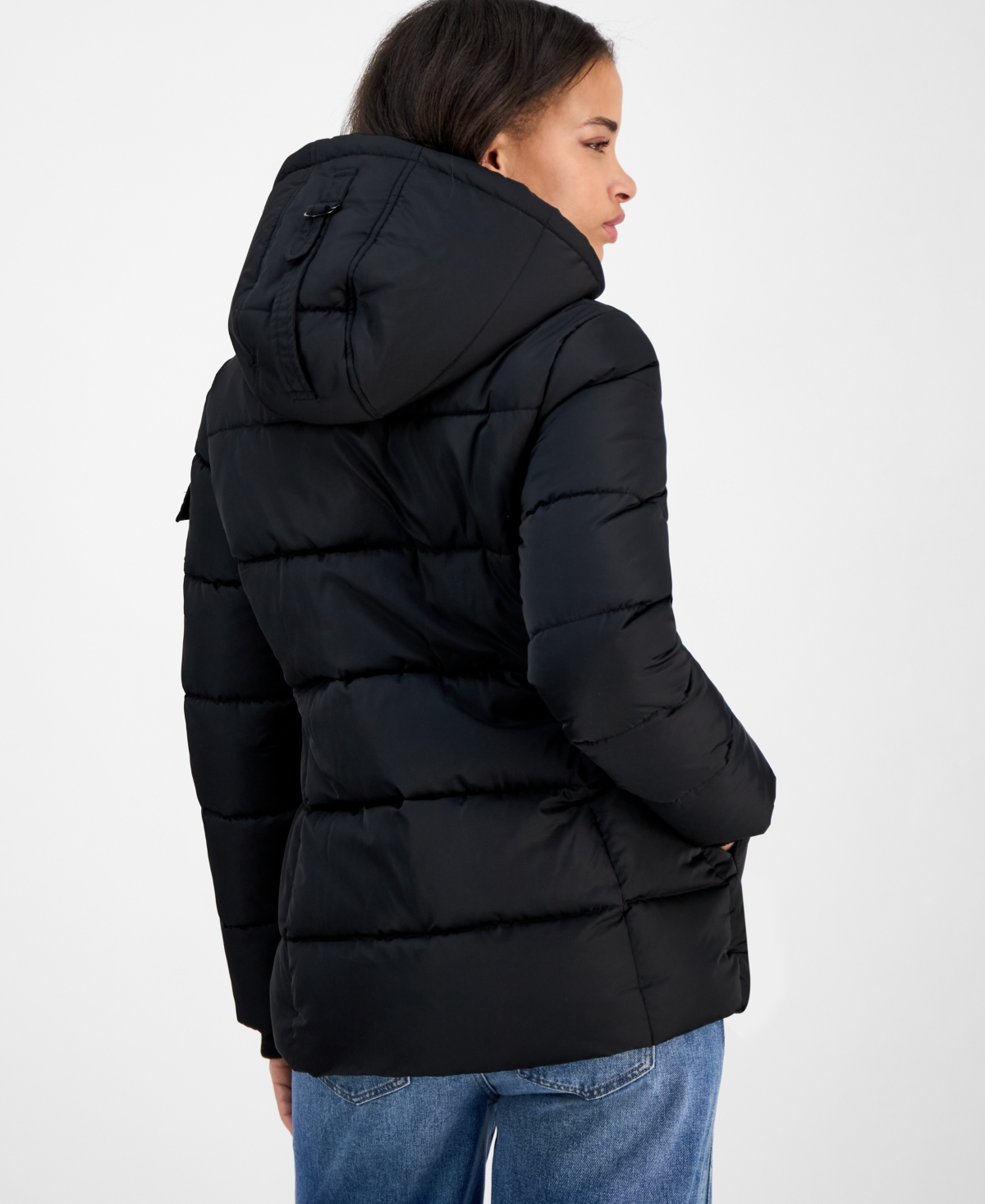 Steve Madden Women's Faux-fur-trim Hooded Utility-pocket Puffer Coat In Black