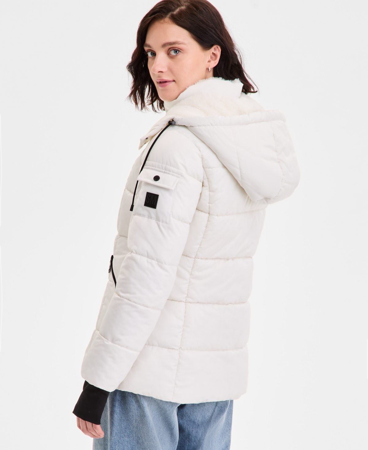 Steve Madden Women's Faux-fur-trim Hooded Puffer Coat In White