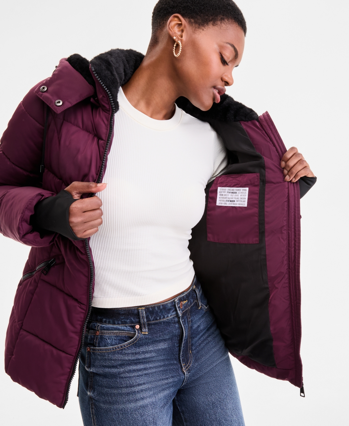 Steve Madden Women's Faux-fur-trim Hooded Puffer Coat In Burgundy