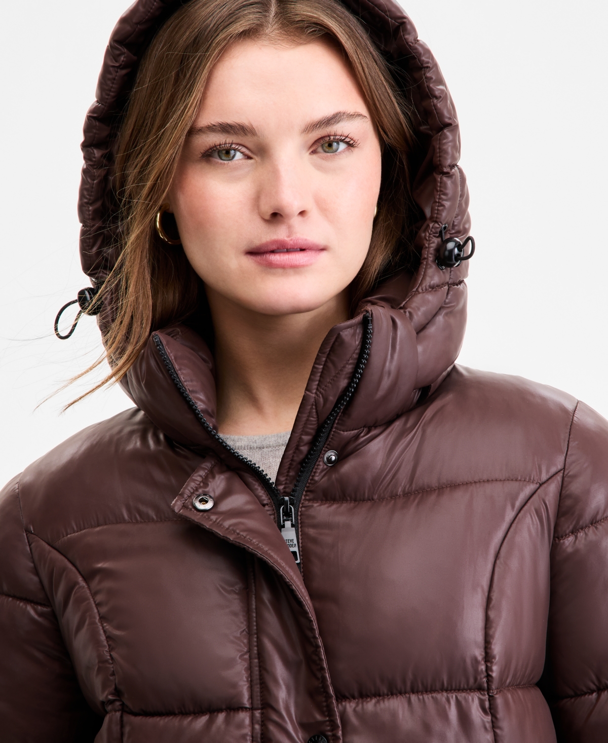 Steve Madden Women's Shiny Hooded Maxi Puffer Coat In Burgundy