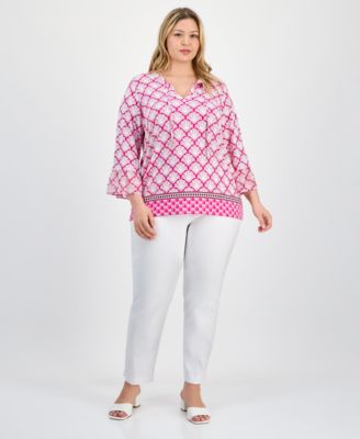 Plus Size Printed Chiffon-Sleeve Blouse, Exclusively at Macy's