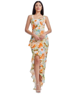 dress the population charlene square neck ruffle side slit gown Dress The Population Charlene Square-Neck Ruffle Side-Slit Gown