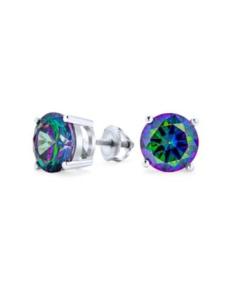 Round Black Mystic Rainbow Cubic Zirconia Solitaire Cz Stud Earrings .925 Sterling Silver Screw Back