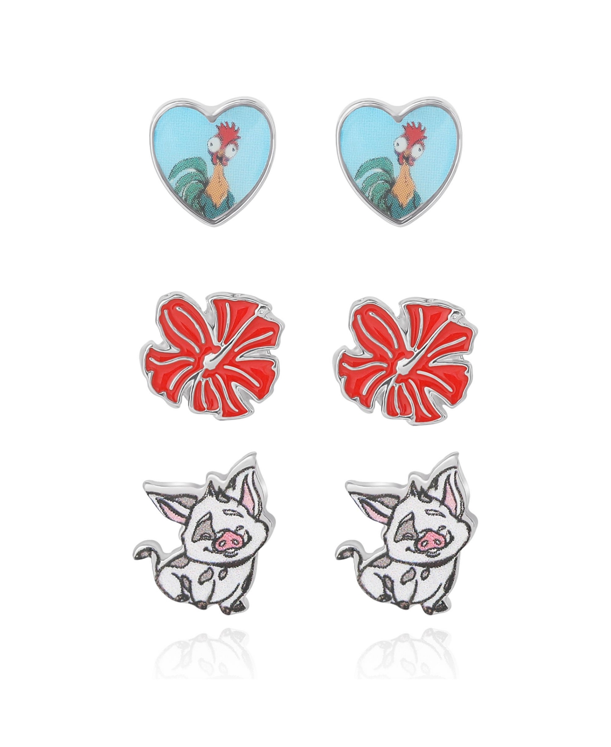 Moana 3-Pair Stud Earring Set - Red, pink, green, silver, black