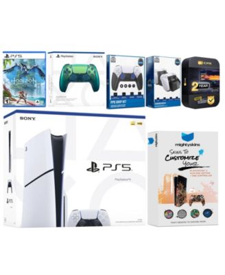Playstation 5 Slim Disc with Horizon Forbidden West, Extra Volcanic Red Controller, FPS Grip Kit, Charge Dock and MightySkins Decal Voucher + 2 Y