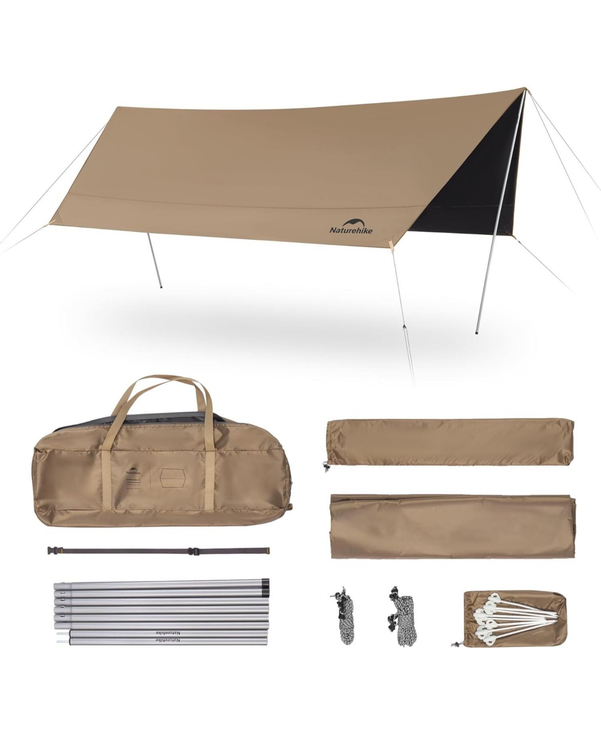 Camping Tent Tarp with Poles, Waterproof Pu 18000mm+, Anti-uv UPF2000+ Camping Sun Shelter Rain Fly, Camping Tent Canopy - Brown
