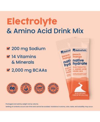 Native Hydrate Stick Packs, Sugar Free Electrolytes Powder with BCAAs, Peach Mango Hydration, Keto & Paleo Friendly, 30 Servings