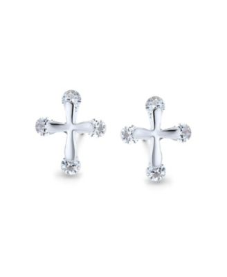Dainty CZ Stud Earrings with Petite Religious Cross for in Sterling Silver