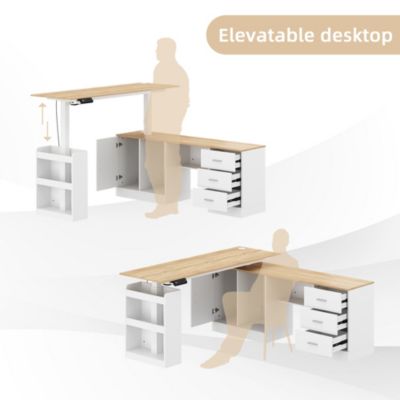 63 in. W L- Shaped Adjustable Height Desk Ergonomic Stand Up Desk White Home Office Sit With Memory Preset Controller
