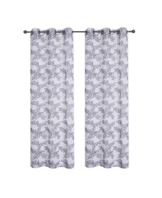 2 Piece Embroidered Ethan Floral Leaf Matte Sheer Grommet Top Curtain Panels - 84 in. Long - Gray