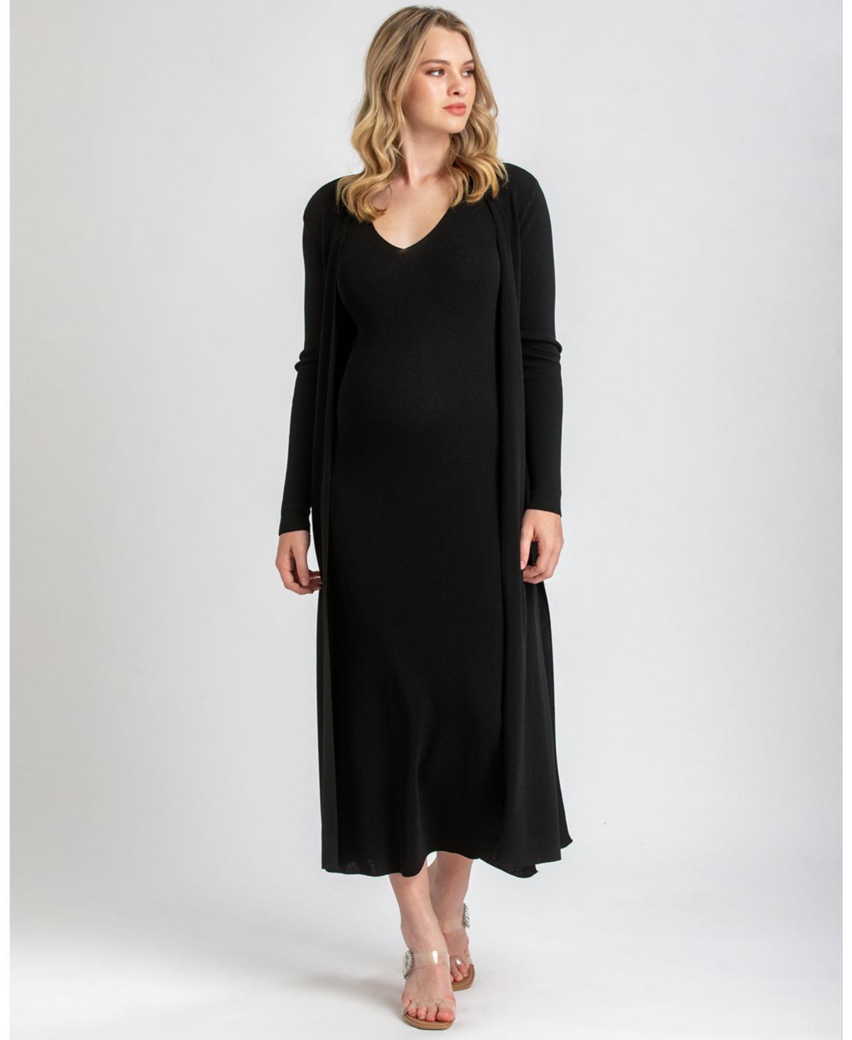 Maternity Viscose Knit Side Slits Maxi Tulip Cardigan - Black