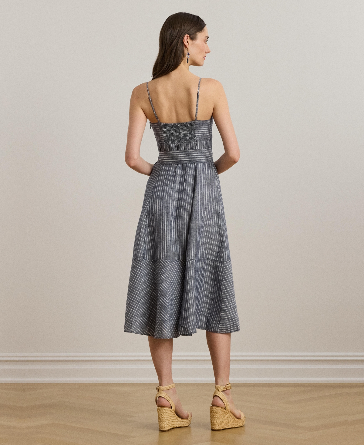 Lauren Ralph Lauren Women's Striped Belted Linen Sleeveless Dress