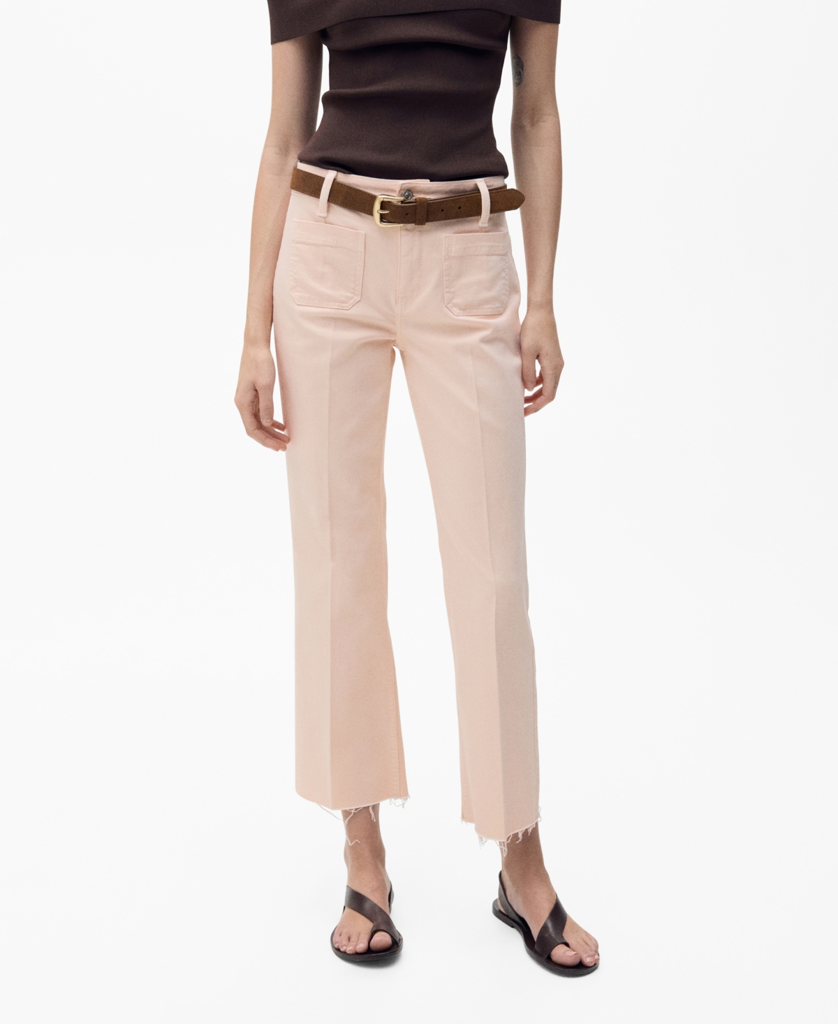 Mango Alex Raw Hem Patch Pocket Crop Flare Jeans In Pink