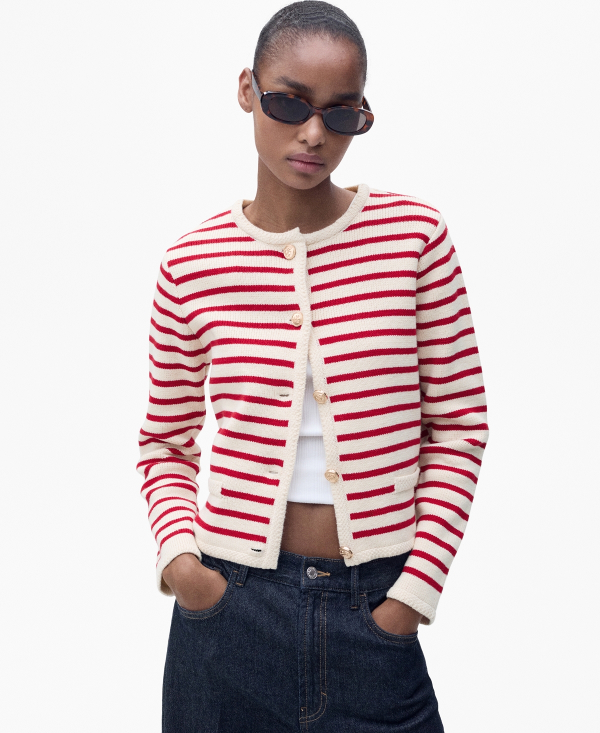 Mango Women's Stripped Knit Cardigan Sweater In Red