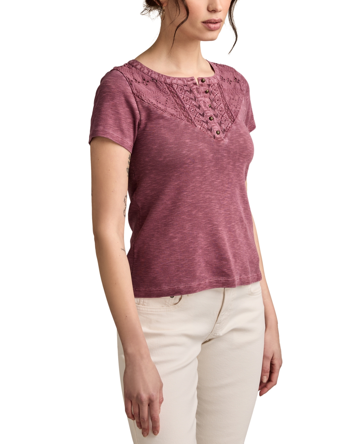 Lucky Brand Cutwork Cotton Henley In Burgundy