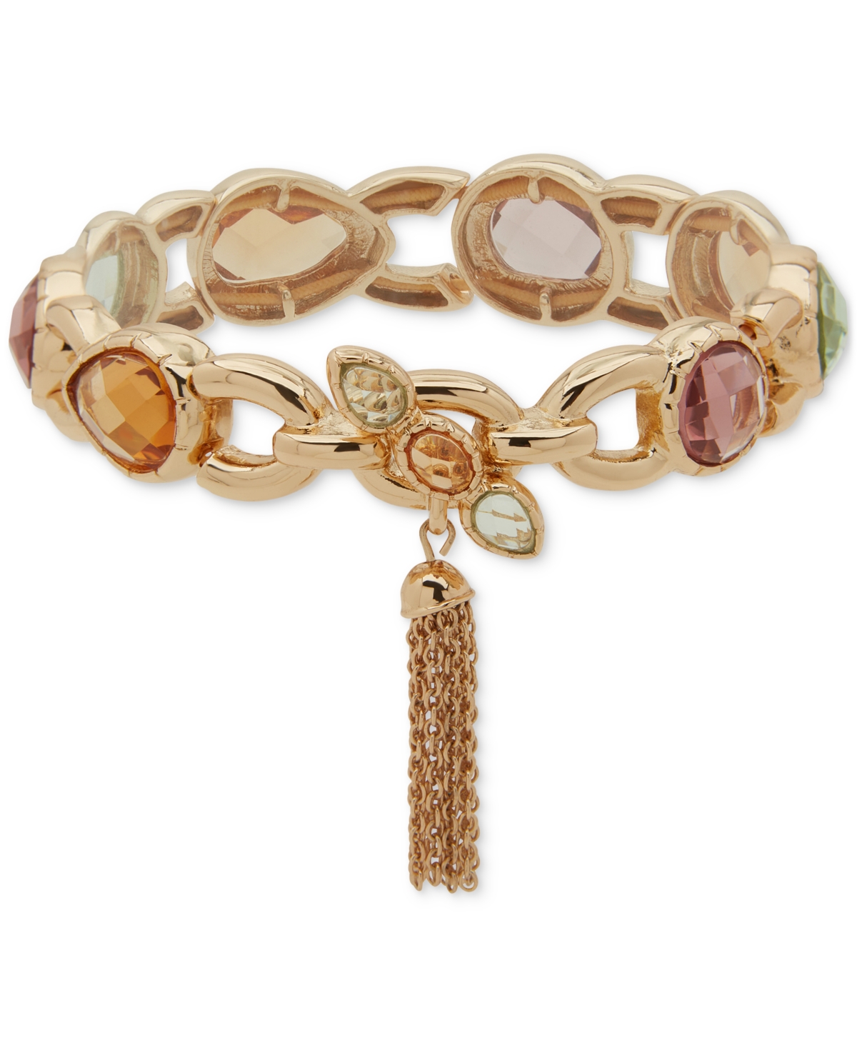 Gold-Tone Chain Tassel Charm Stone Stretch Bracelet - Multi