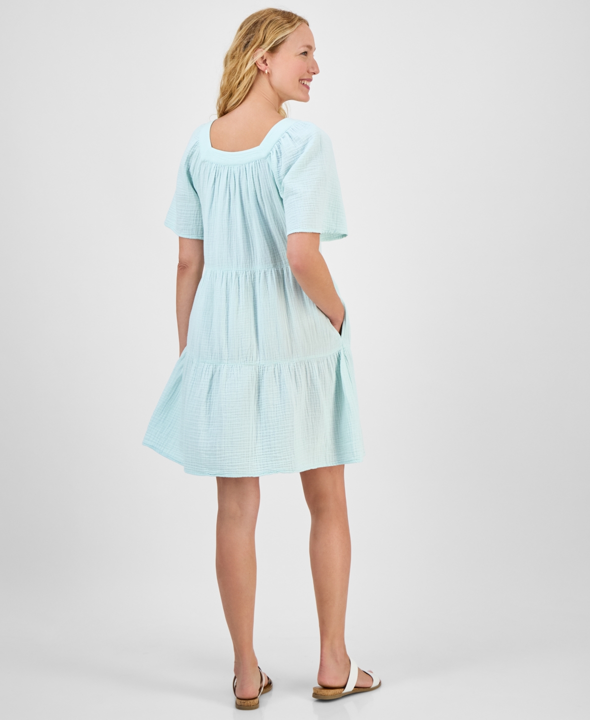 Style & Co Petite Square-neck Short-sleeve Tiered Dress, Exclusively At Macy's In Green