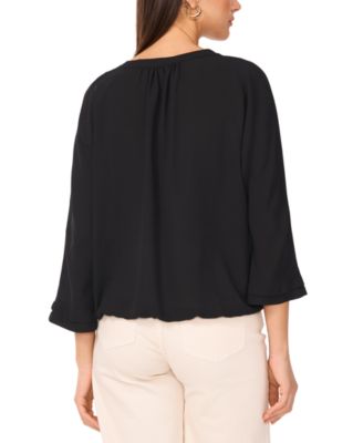 Women's V-Neck Pleated-Front-Panel 3/4-Sleeve Top