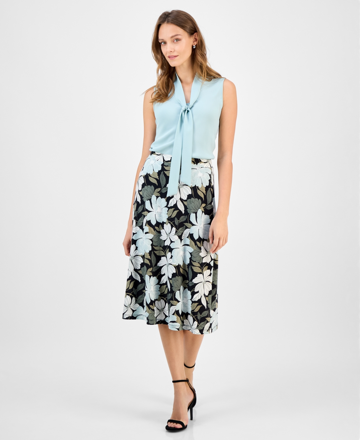 Women's Printed Pull-On Midi Skirt - Sea Glass Multi