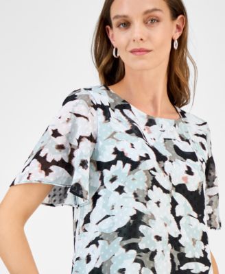Women's Printed Swiss Dot Flutter-Sleeve Blouse