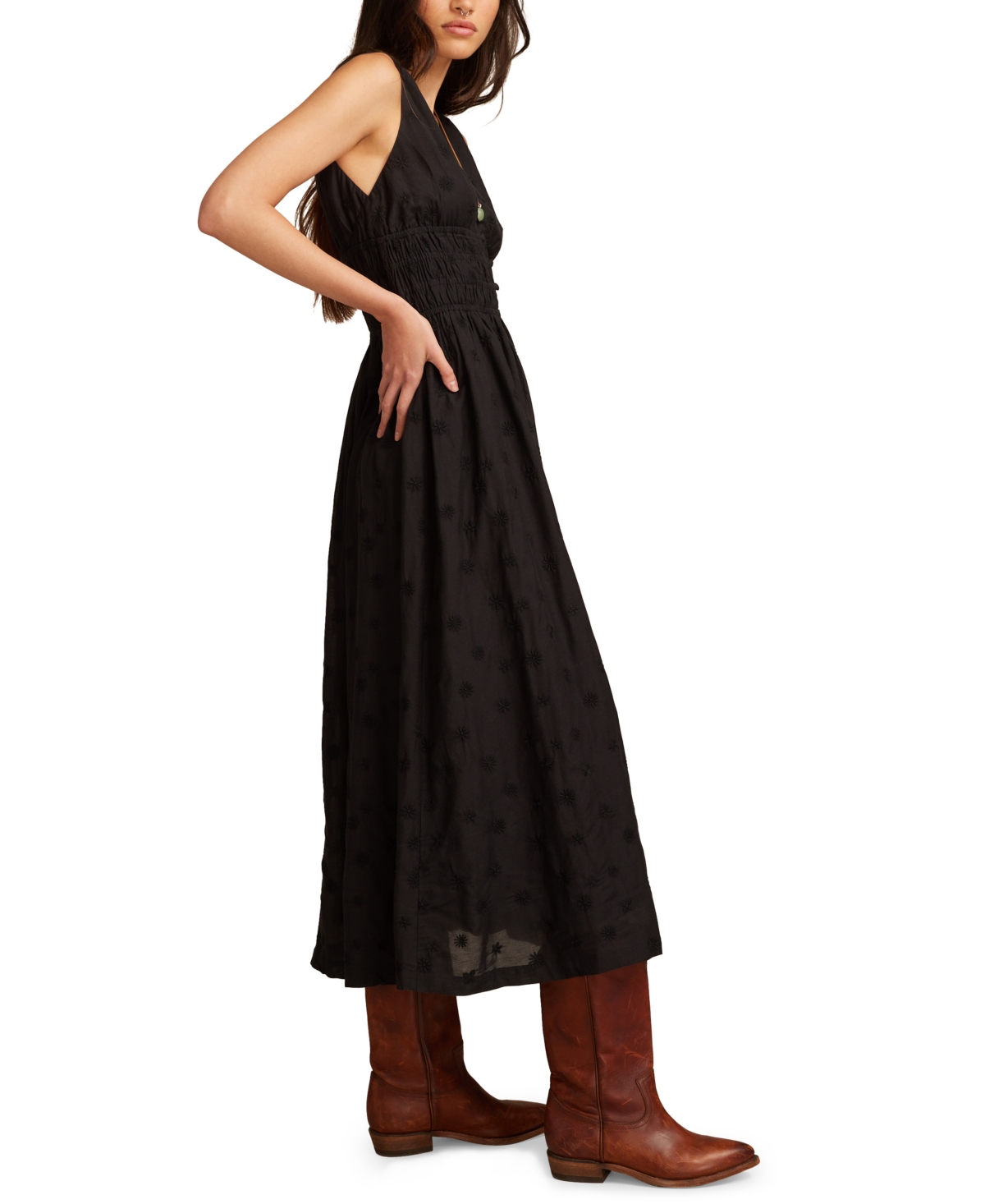 Lucky Brand Women's Cotton V-neck Smocked-waist Midi Dress