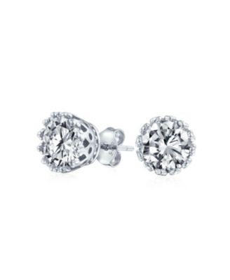 Solitaire Round Cubic Zirconia Crown Basket Set CZ Stud Earrings Gold Plated Sterling Silver