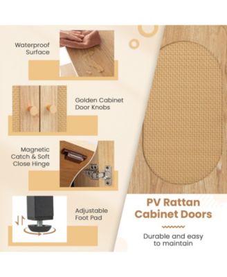 71 Inch 6-Tier Wall Mounted Ladder Bookshelf with Rattan Cabinet-Natural