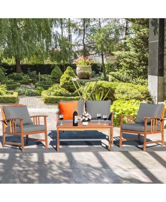 4PCS Wooden Patio Furniture Set Table Sofa Chair Cushioned Garden