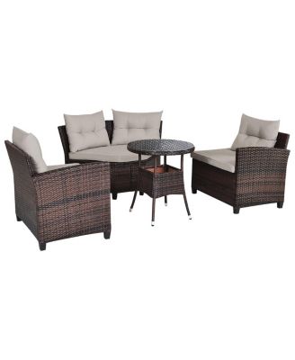 4PCS Outdoor Patio Rattan Furniture Set Cushioned Sofa Table