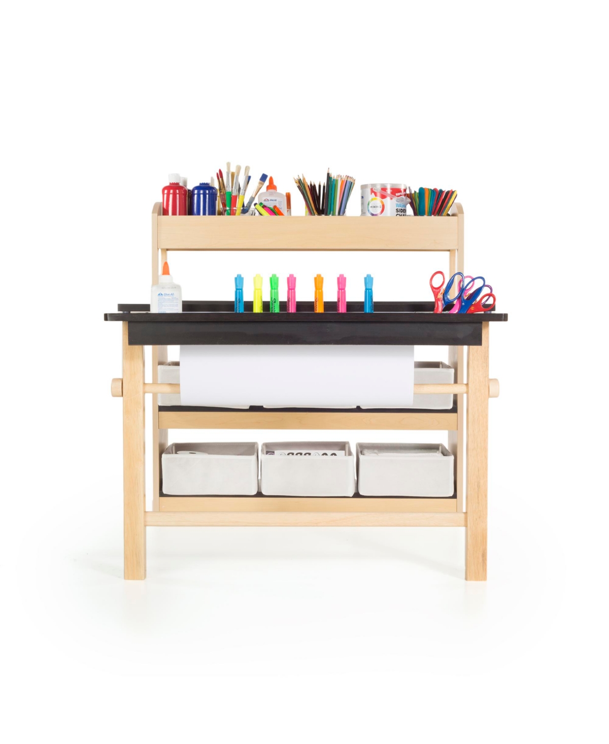 Guidecraft Deluxe Art Center - Natural: Kids Wooden Craft Desk with Shelves, Bins & Paper Roll | Playroom Toddler Table & Chair Set