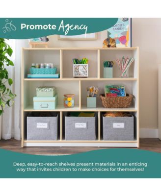 EdQ 3-Shelf 8-Compartment Storage 36" - Natural: Kids' Wooden Cubby Cube Bookshelf with Bins for Toys and School Supplies