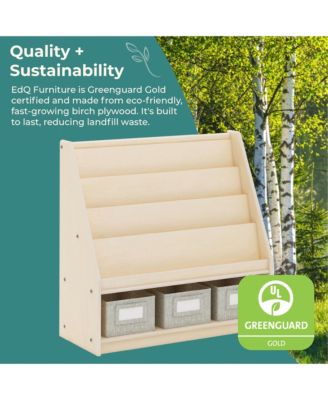 EdQ Book and Bin Display - White: Children's Wooden Bookcase with Shelves and Storage Bins for Kids' Books and Toys