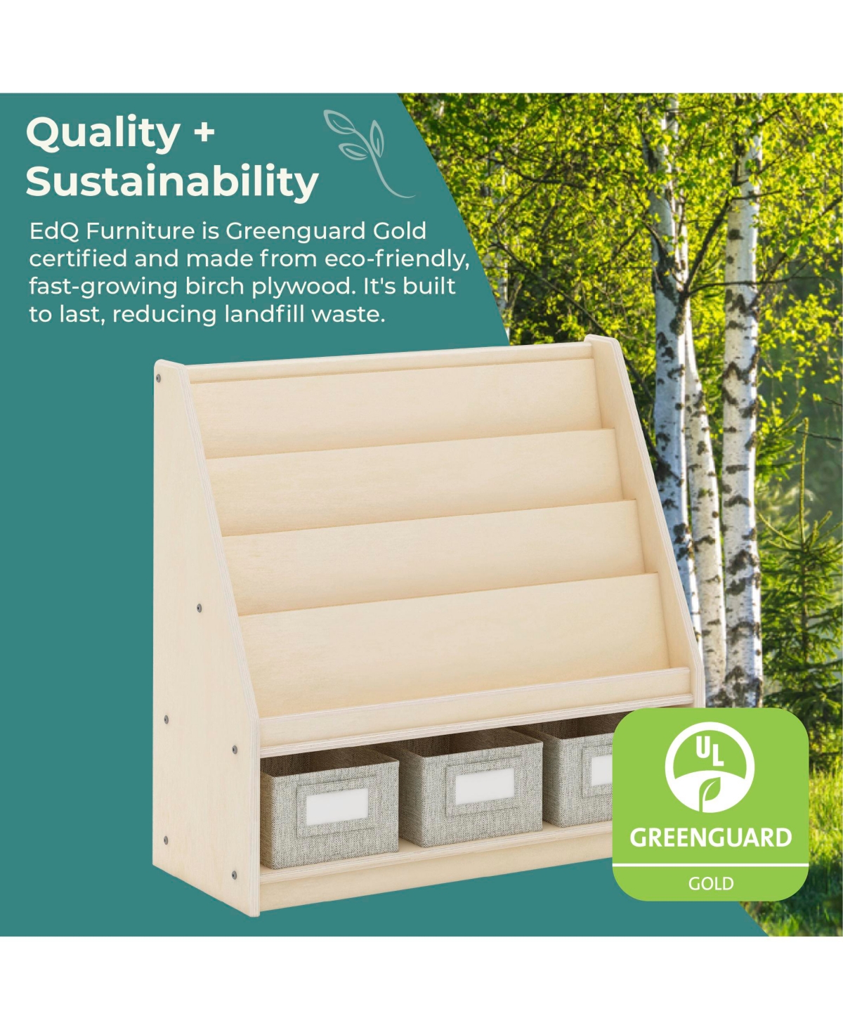 Guidecraft EdQ Book and Bin Display - White: Children's Wooden Bookcase with Shelves Storage Bins for Kids' Books Toys