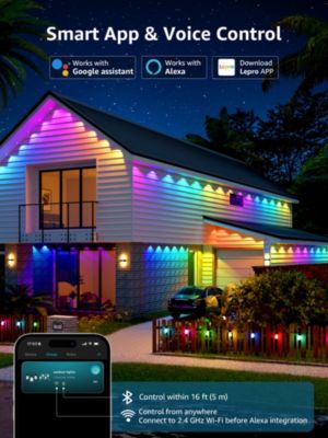 E1 AI Permanent Outdoor Lights APP Control, 50ft Smart RGB+IC Christmas House Lights with 30 Warm/Cool White LED Pucks, Alexa Google Enabled, AI Generated Lighting LLM, NO Remote, 2.4 GHz WiFi