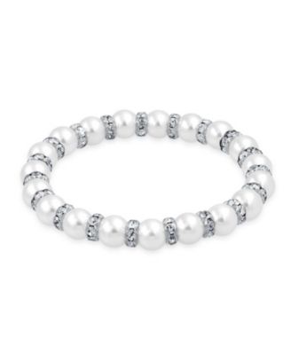 Light Pink Faux Pearl Stackable Strand Stretch Bracelet Crystal Rondelle Spacer Silver Plated
