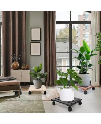  2-Pack Wooden Plant Stand Caddy with Lockable Wheels Heavy Duty