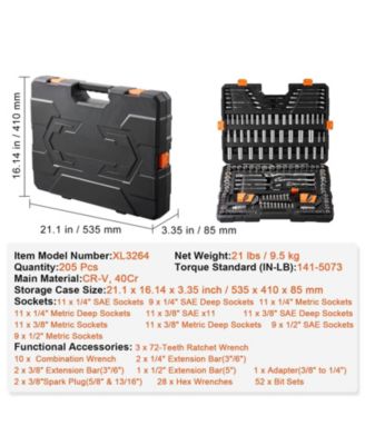 Mechanics Tool Set And Socket Set, Drive Deep And Standard Sockets, 205 Pcs SAE And Metric Mechanic Tool Kit With Bits, Combination Wrench, Hex Wrenches, Accessories, Storage Case