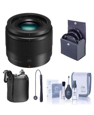 Lumix G 25mm f/1.7 Aspherical Lens for Micro Four Thirds, Bundle with 46mm Filter Kit, Cleaning Kit, Lens Case, Lens Cap Tether