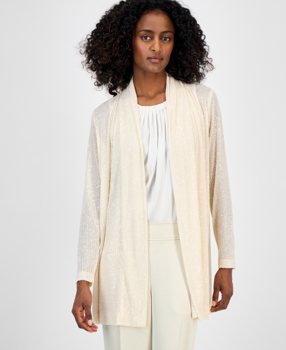 ANNE KLEIN WOMEN'S SEQUIN OPEN-FRONT LONG-SLEEVE CARDIGAN 