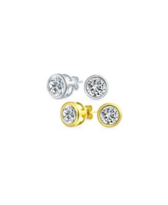 Set Of 2 Simple Martini Bezel Set Cz Stud Earrings Gold Plated Sterling Silver